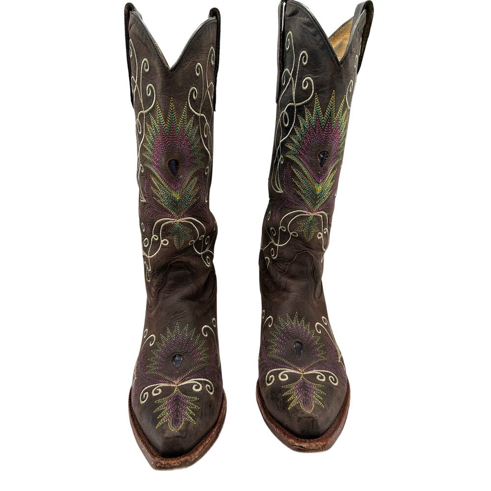 Tony Lama Women's Espresso  Western leather cowgirl boots peacock feather SZ 8 - Picture 3 of 9